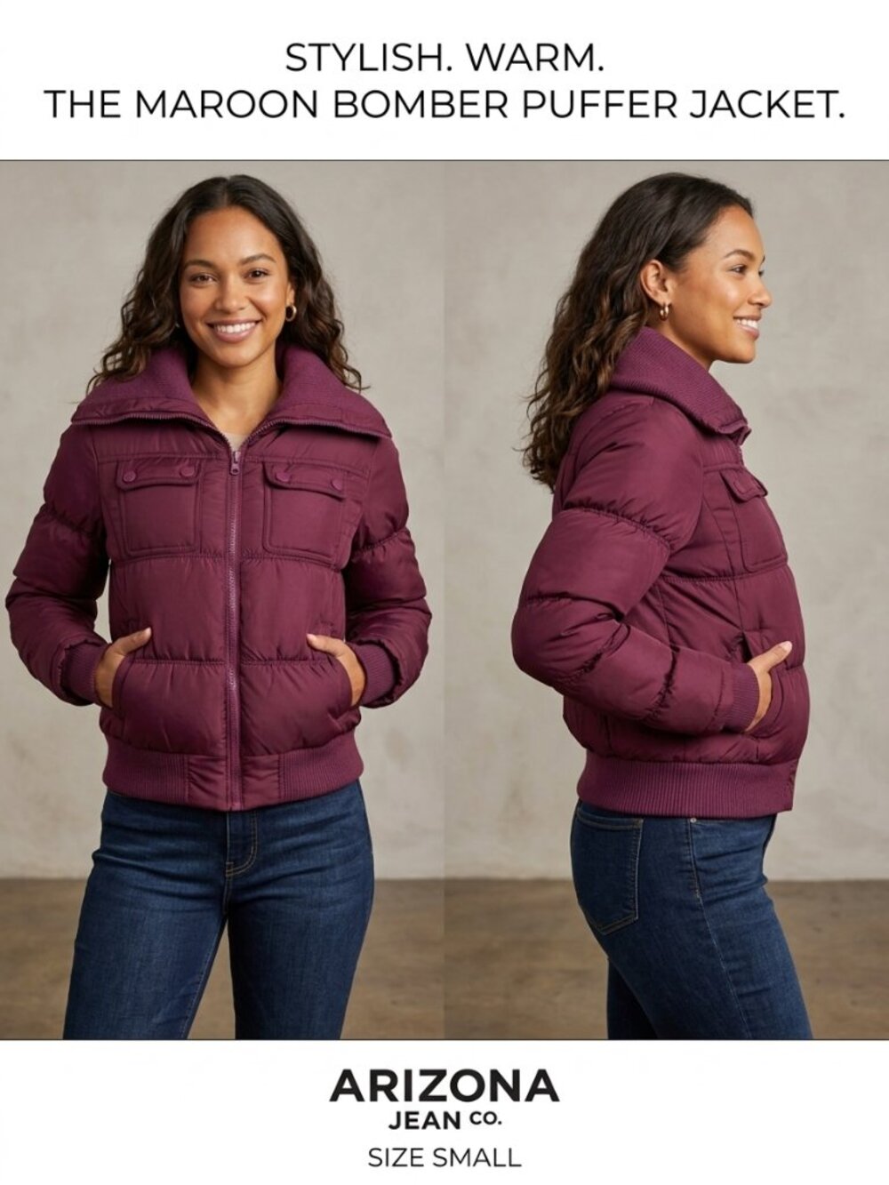 Arizona Jean Co. Women's Maroon Bomber Puffer Jacket Quilted Zip-Up - Size Small